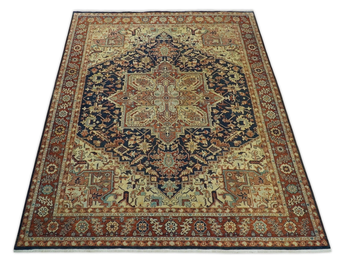 Large 8x10 Fine Hand Knotted Blue and Rust Traditional Vintage Heriz Serapi Antique Wool Rug | TRDCP479810 - The Rug Decor