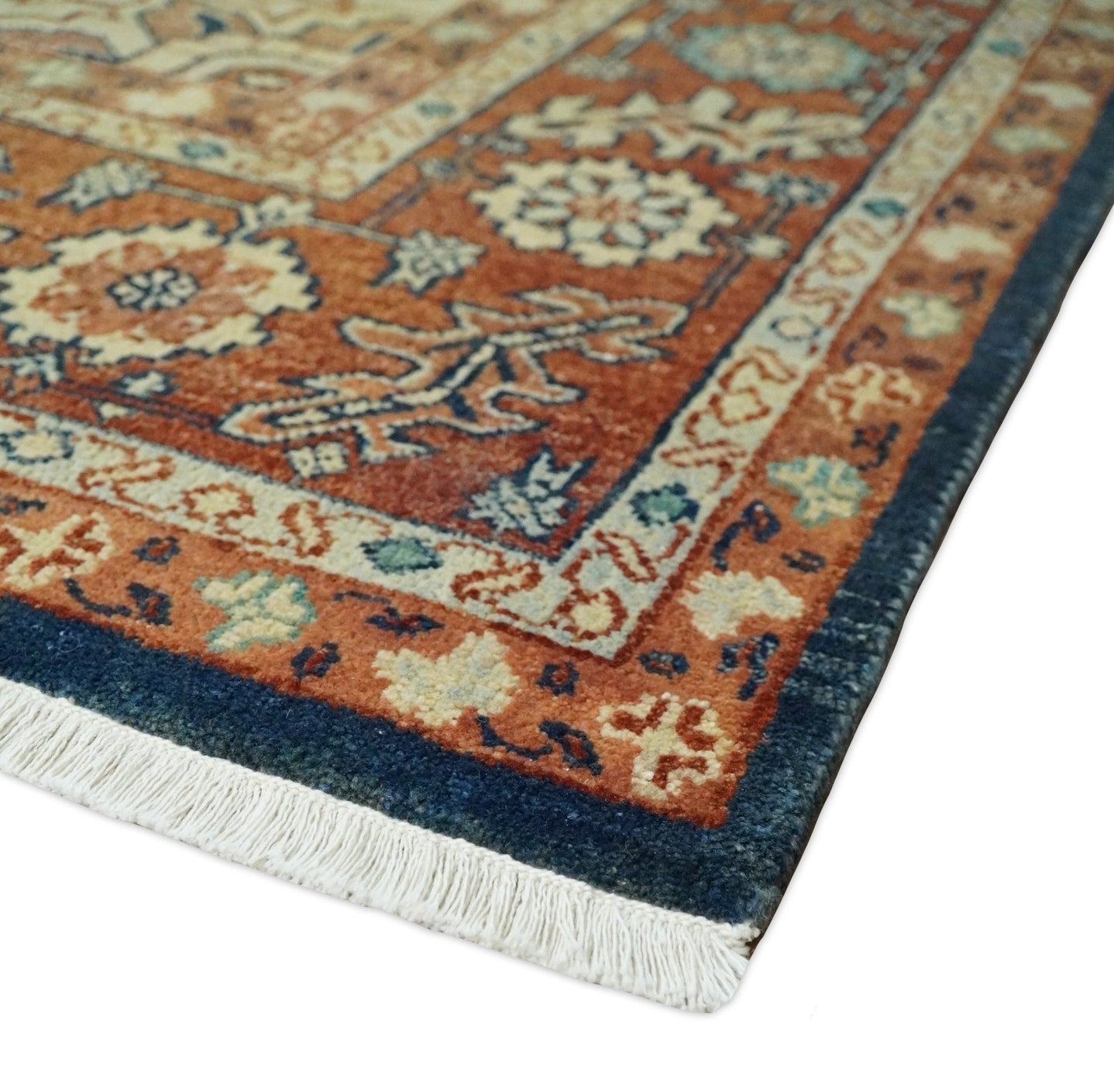 Large 8x10 Fine Hand Knotted Blue and Rust Traditional Vintage Heriz Serapi Antique Wool Rug | TRDCP479810 - The Rug Decor