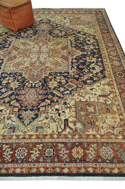 Large 8x10 Fine Hand Knotted Blue and Rust Traditional Vintage Heriz Serapi Antique Wool Rug | TRDCP479810 - The Rug Decor