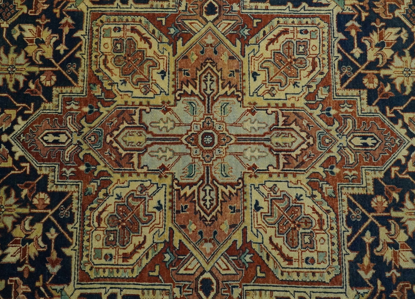 Large 8x10 Fine Hand Knotted Blue and Rust Traditional Vintage Heriz Serapi Antique Wool Rug | TRDCP479810 - The Rug Decor