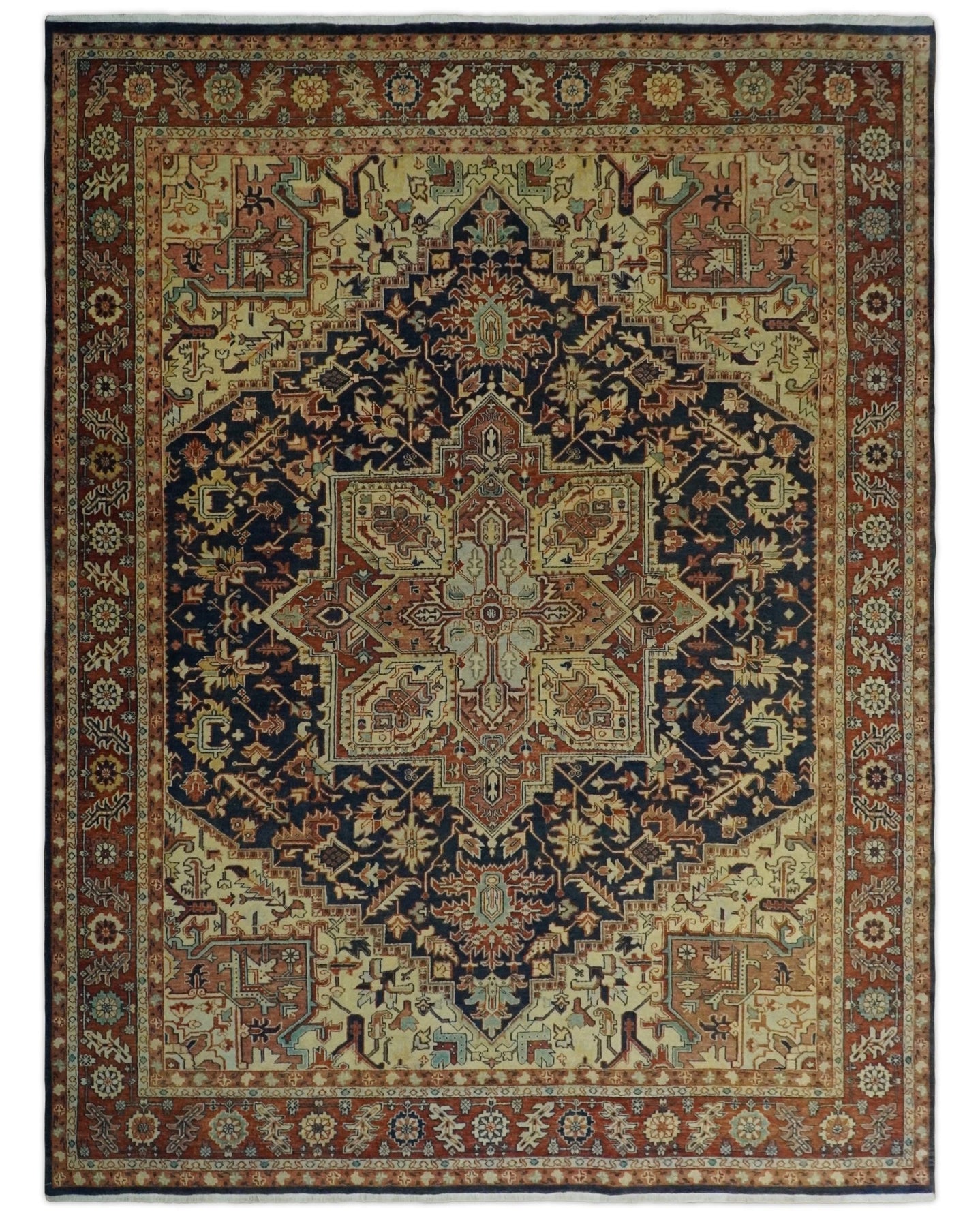 Large 8x10 Fine Hand Knotted Blue and Rust Traditional Vintage Heriz Serapi Antique Wool Rug | TRDCP479810 - The Rug Decor