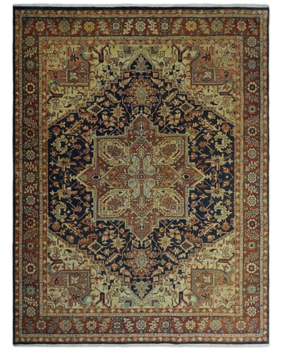 Large 8x10 Fine Hand Knotted Blue and Rust Traditional Vintage Heriz Serapi Antique Wool Rug | TRDCP479810 - The Rug Decor