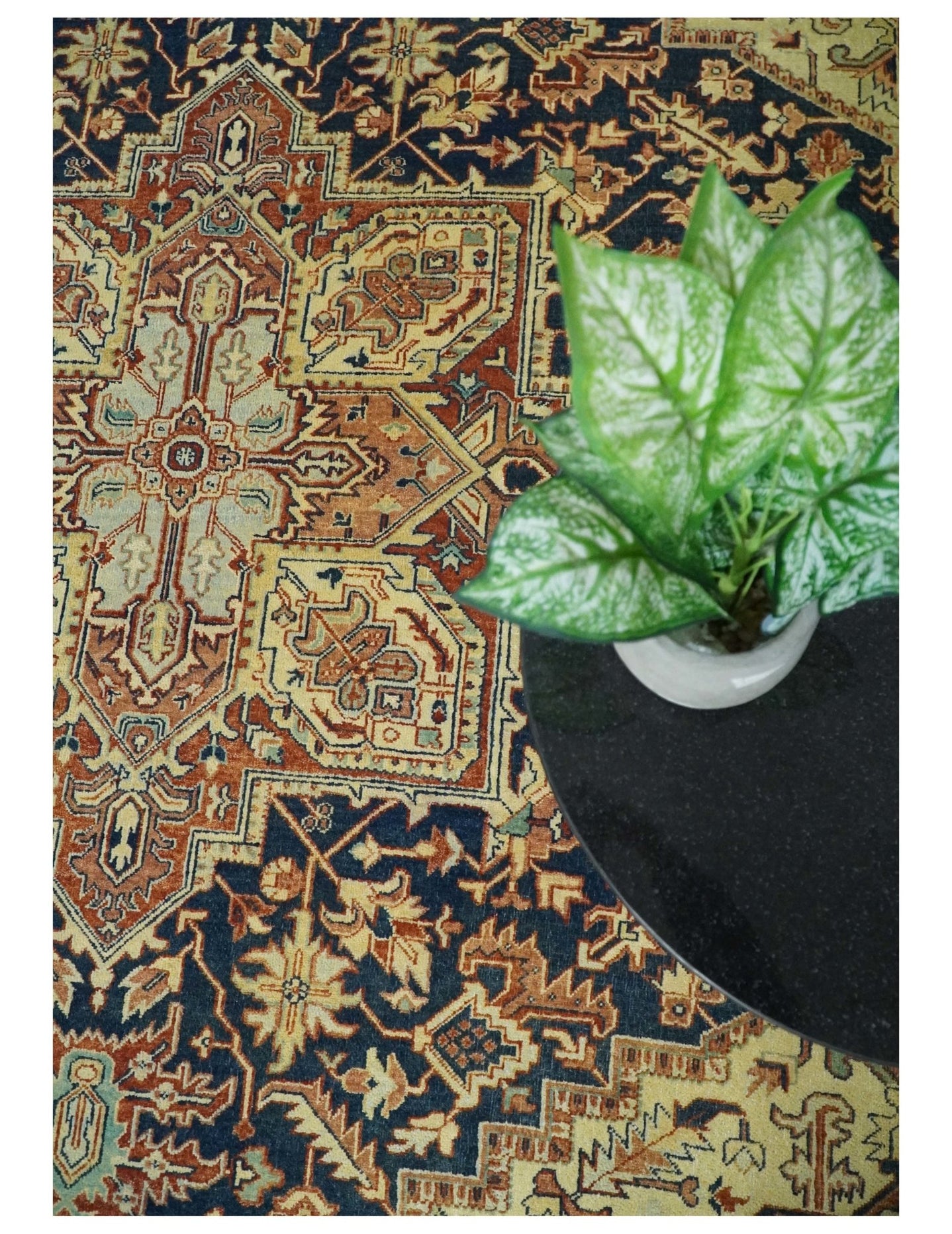 Large 8x10 Fine Hand Knotted Blue and Rust Traditional Vintage Heriz Serapi Antique Wool Rug | TRDCP479810 - The Rug Decor