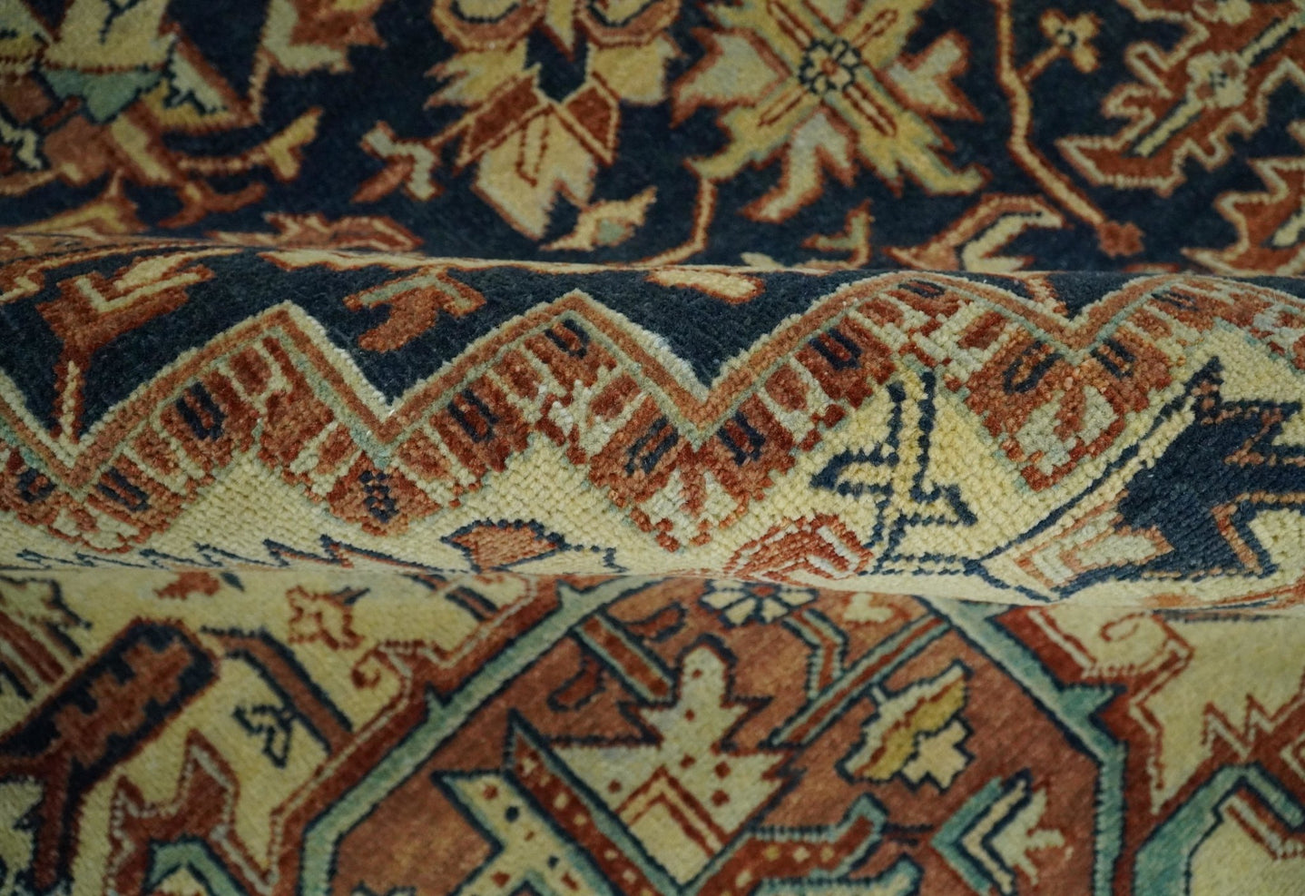 Large 8x10 Fine Hand Knotted Blue and Rust Traditional Vintage Heriz Serapi Antique Wool Rug | TRDCP479810 - The Rug Decor