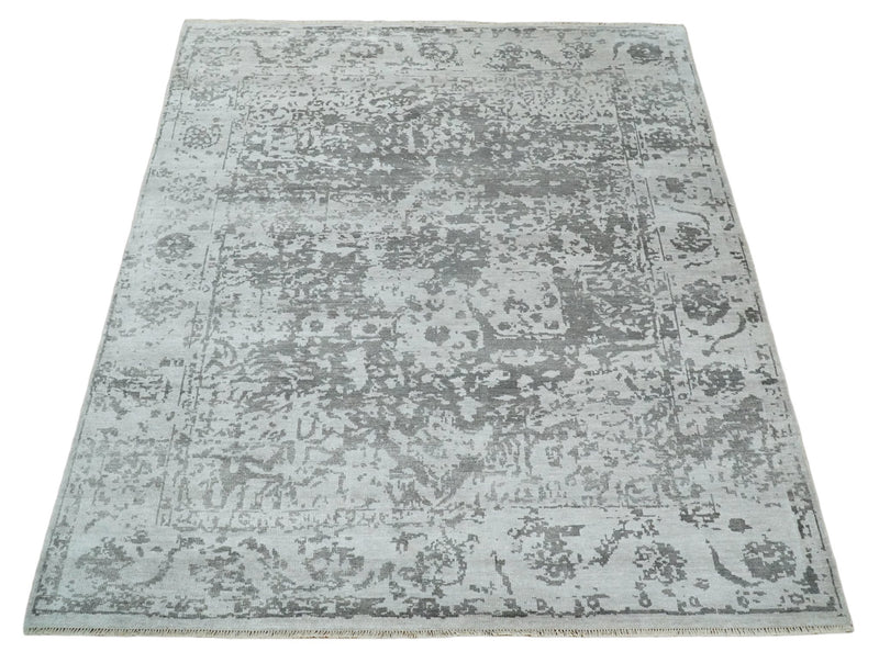 Large 8x10 Fine Hand Knotted Gray and Ivory Traditional Persian style Bamboo Silk Rug | TRDCP544810 - The Rug Decor