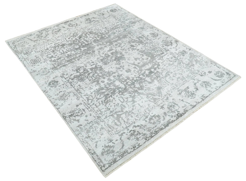 Large 8x10 Fine Hand Knotted Gray and Ivory Traditional Persian style Bamboo Silk Rug | TRDCP544810 - The Rug Decor