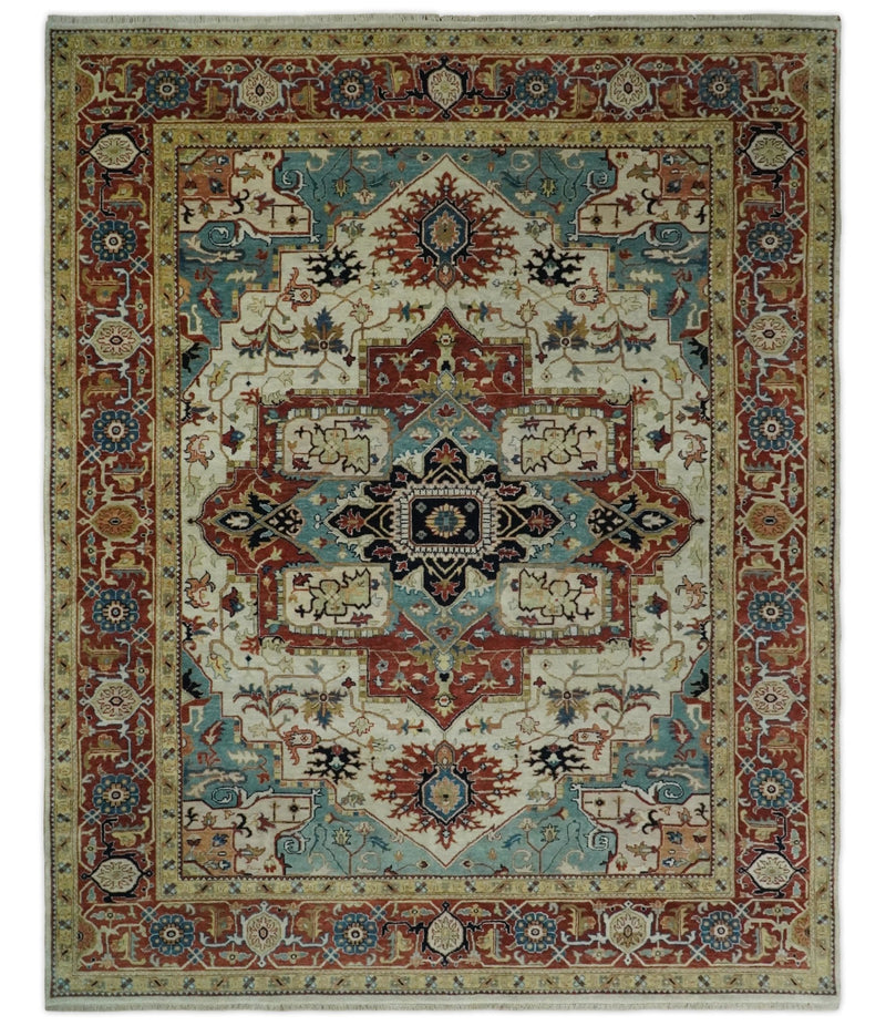 Large 8x10 Fine Hand Knotted Ivory and Rust Traditional Vintage Heriz Serapi Antique Wool Rug | TRDCP467810 - The Rug Decor