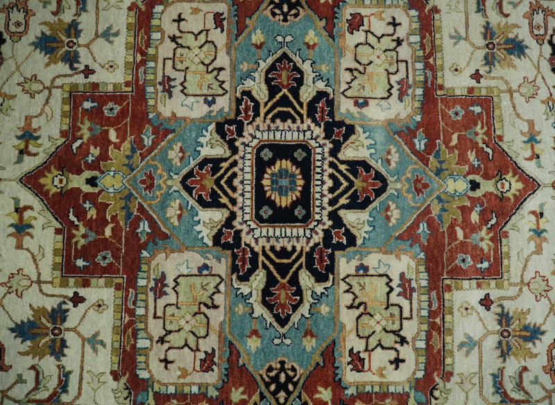 Large 8x10 Fine Hand Knotted Ivory and Rust Traditional Vintage Heriz Serapi Antique Wool Rug | TRDCP467810 - The Rug Decor