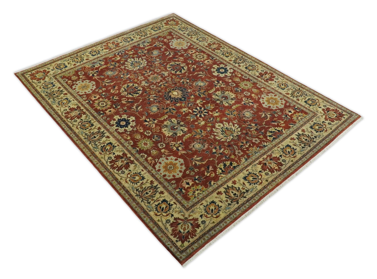 Large 8x10 Fine Hand Knotted Rust and Ivory Traditional Vintage Persian Style Mahal Antique Wool Rug | TRDCP468810 - The Rug Decor