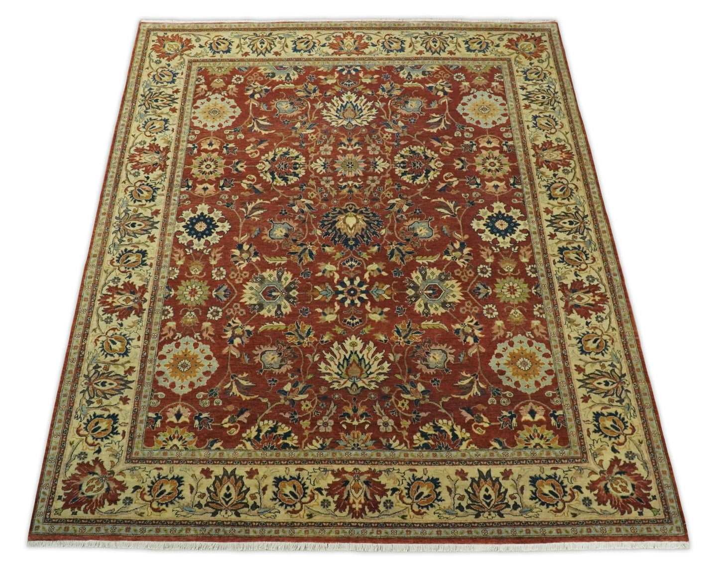 Large 8x10 Fine Hand Knotted Rust and Ivory Traditional Vintage Persian Style Mahal Antique Wool Rug | TRDCP468810 - The Rug Decor