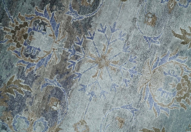 Large 8x10 Fine Hand Knotted Silver, Brown and Blue Traditional Persian style Bamboo Silk Rug | TRDCP531810 - The Rug Decor