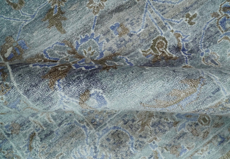 Large 8x10 Fine Hand Knotted Silver, Brown and Blue Traditional Persian style Bamboo Silk Rug | TRDCP531810 - The Rug Decor