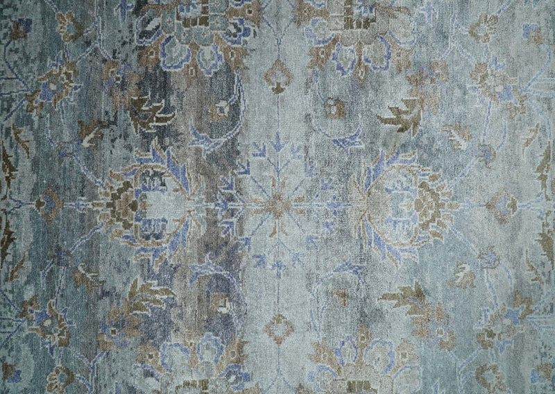 Large 8x10 Fine Hand Knotted Silver, Brown and Blue Traditional Persian style Bamboo Silk Rug | TRDCP531810 - The Rug Decor