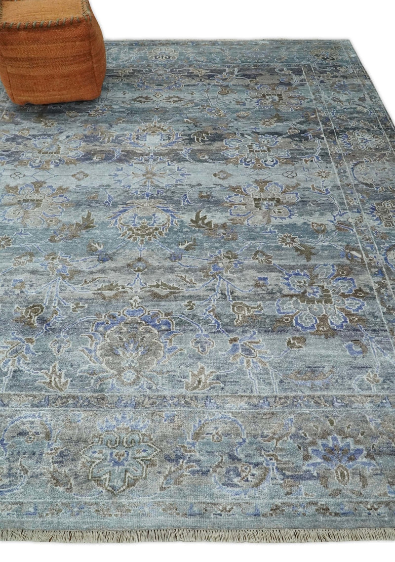Large 8x10 Fine Hand Knotted Silver, Brown and Blue Traditional Persian style Bamboo Silk Rug | TRDCP531810 - The Rug Decor