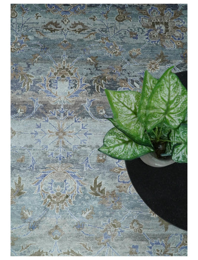 Large 8x10 Fine Hand Knotted Silver, Brown and Blue Traditional Persian style Bamboo Silk Rug | TRDCP531810 - The Rug Decor