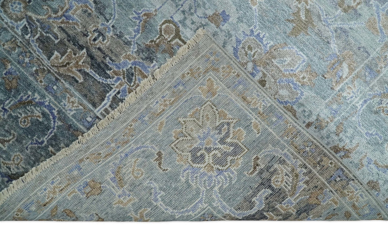 Large 8x10 Fine Hand Knotted Silver, Brown and Blue Traditional Persian style Bamboo Silk Rug | TRDCP531810 - The Rug Decor