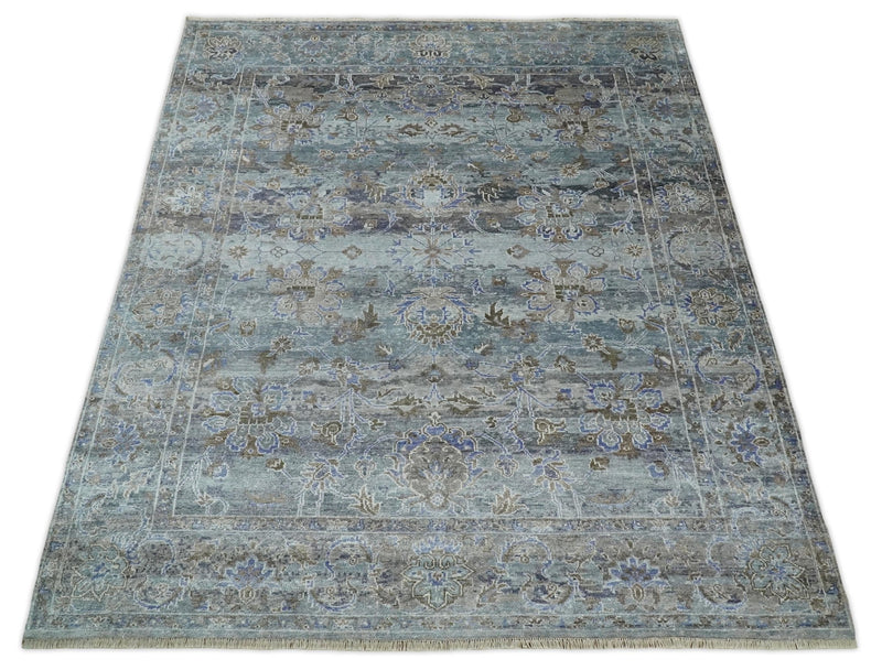 Large 8x10 Fine Hand Knotted Silver, Brown and Blue Traditional Persian style Bamboo Silk Rug | TRDCP531810 - The Rug Decor
