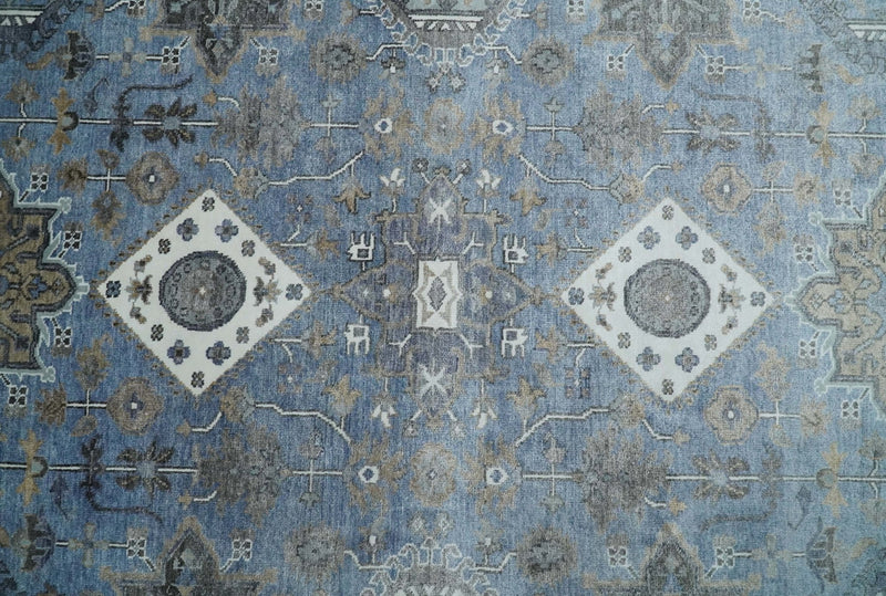 Large 9x12 Fine Hand Knotted Blue and Ivory Traditional Turkish Style Antique Bamboo Silk Rug | TRDCP502912 - The Rug Decor