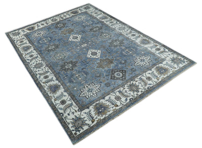 Large 9x12 Fine Hand Knotted Blue and Ivory Traditional Turkish Style Antique Bamboo Silk Rug | TRDCP502912 - The Rug Decor