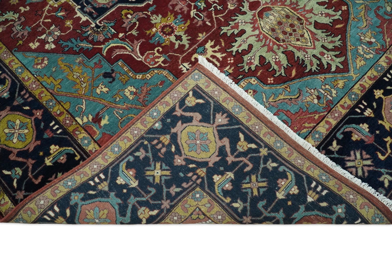 Large 9x12 Fine Hand Knotted Blue and Red Traditional Vintage Heriz Serapi Antique Wool Rug | TRDCP448912 - The Rug Decor