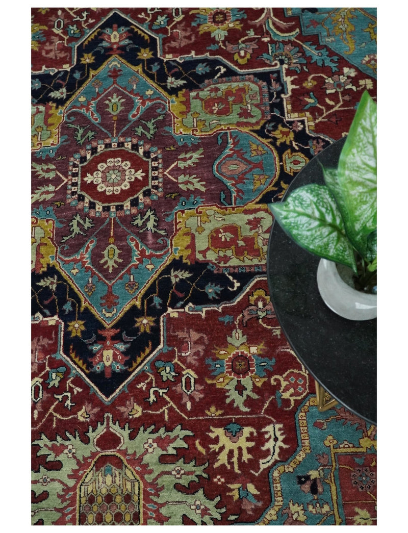 Large 9x12 Fine Hand Knotted Blue and Red Traditional Vintage Heriz Serapi Antique Wool Rug | TRDCP448912 - The Rug Decor
