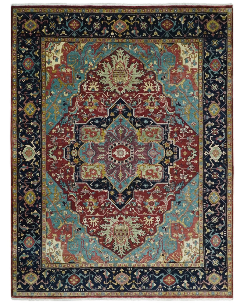 Large 9x12 Fine Hand Knotted Blue and Red Traditional Vintage Heriz Serapi Antique Wool Rug | TRDCP448912 - The Rug Decor