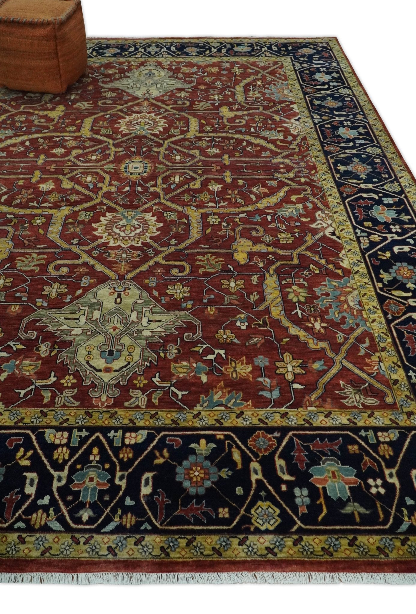 Large 9x12 Fine Hand Knotted Blue and Rust Traditional Vintage Persian Style Mahal Antique Wool Rug | TRDCP443912 - The Rug Decor
