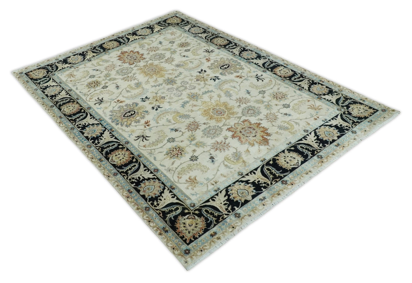 Large 9x12 Fine Hand Knotted Ivory and Black Traditional Vintage Persian Style Mahal Antique Wool Rug | TRDCP452912 - The Rug Decor