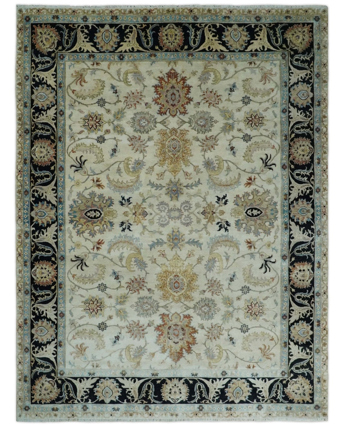 Large 9x12 Fine Hand Knotted Ivory and Black Traditional Vintage Persian Style Mahal Antique Wool Rug | TRDCP452912 - The Rug Decor