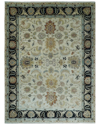 Large 9x12 Fine Hand Knotted Ivory and Black Traditional Vintage Persian Style Mahal Antique Wool Rug | TRDCP452912 - The Rug Decor