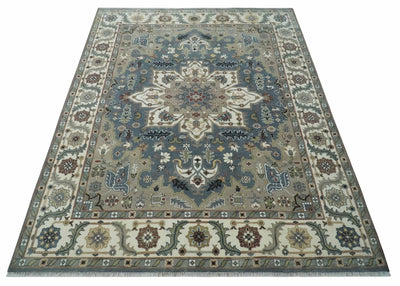 Large 9x12 Living Room Wool Rug, Hand Knotted Ivory, Charcoal and Olive Traditional Design - The Rug Decor