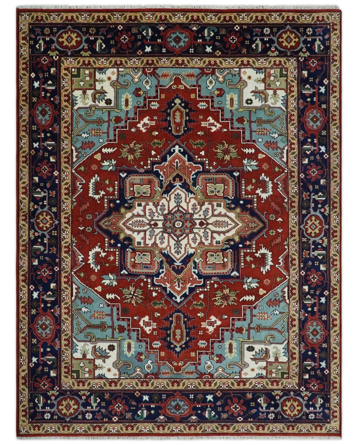 Large 9x12 Rust and Blue Hand Knotted Traditional Wool Rug - The Rug Decor