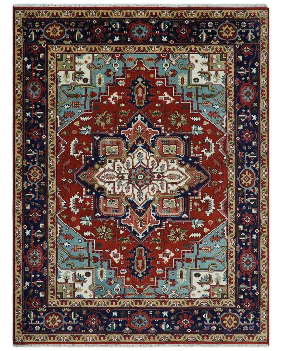 Large 9x12 Rust and Blue Hand Knotted Traditional Wool Rug - The Rug Decor