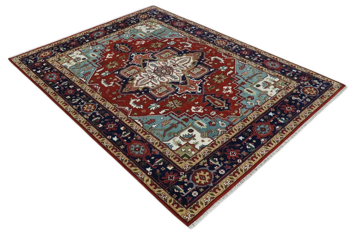 Large 9x12 Rust and Blue Hand Knotted Traditional Wool Rug - The Rug Decor