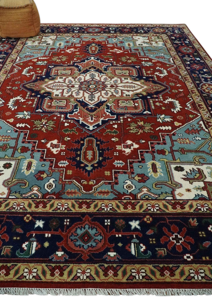 Large 9x12 Rust and Blue Hand Knotted Traditional Wool Rug - The Rug Decor