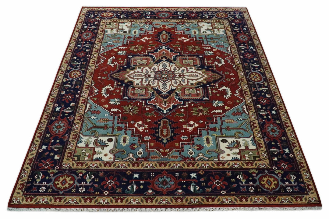 Large 9x12 Rust and Blue Hand Knotted Traditional Wool Rug - The Rug Decor