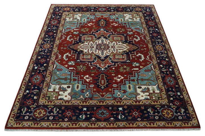 Large 9x12 Rust and Blue Hand Knotted Traditional Wool Rug - The Rug Decor