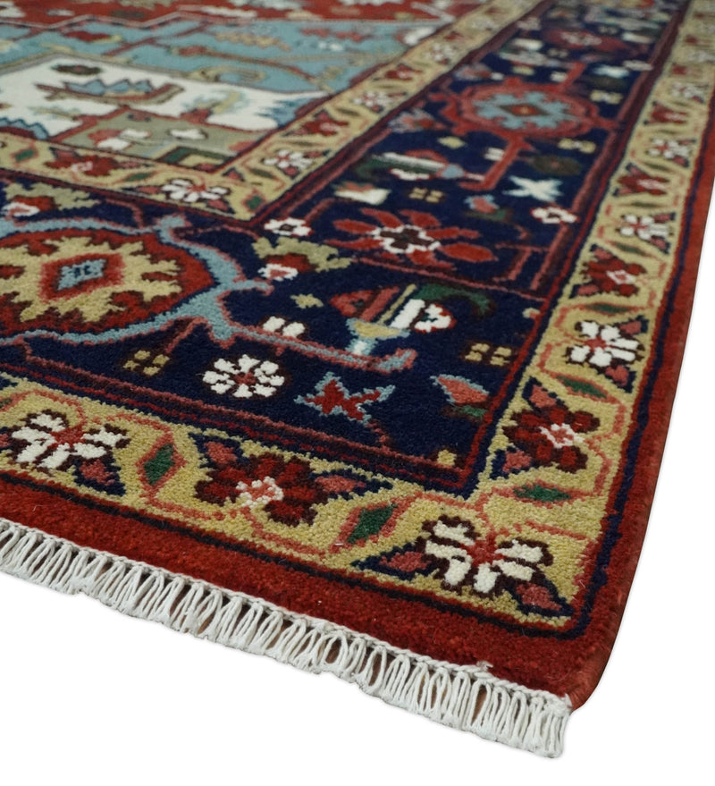 Large 9x12 Rust and Blue Hand Knotted Traditional Wool Rug - The Rug Decor