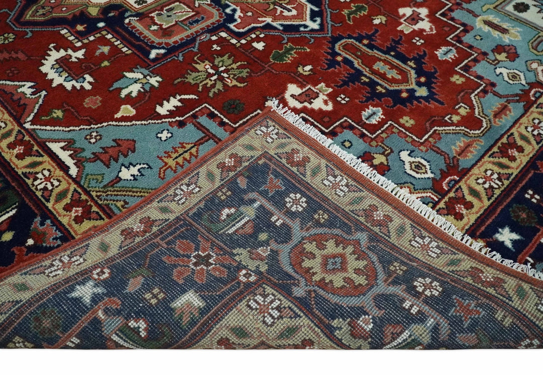 Large 9x12 Rust and Blue Hand Knotted Traditional Wool Rug - The Rug Decor