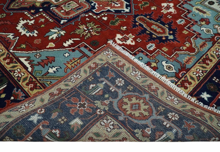 Large 9x12 Rust and Blue Hand Knotted Traditional Wool Rug - The Rug Decor