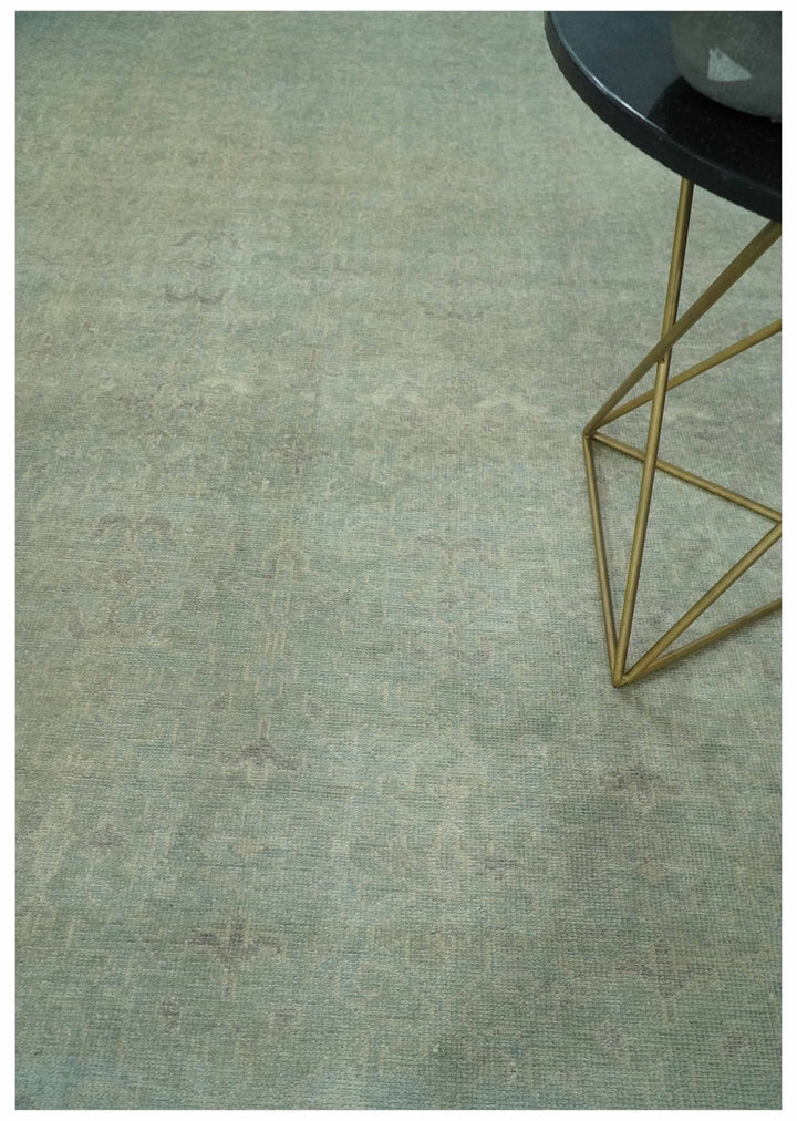 Large 9x12 Traditional Antique Style Beige and Aqua Turkish Knot Wool Rug - The Rug Decor