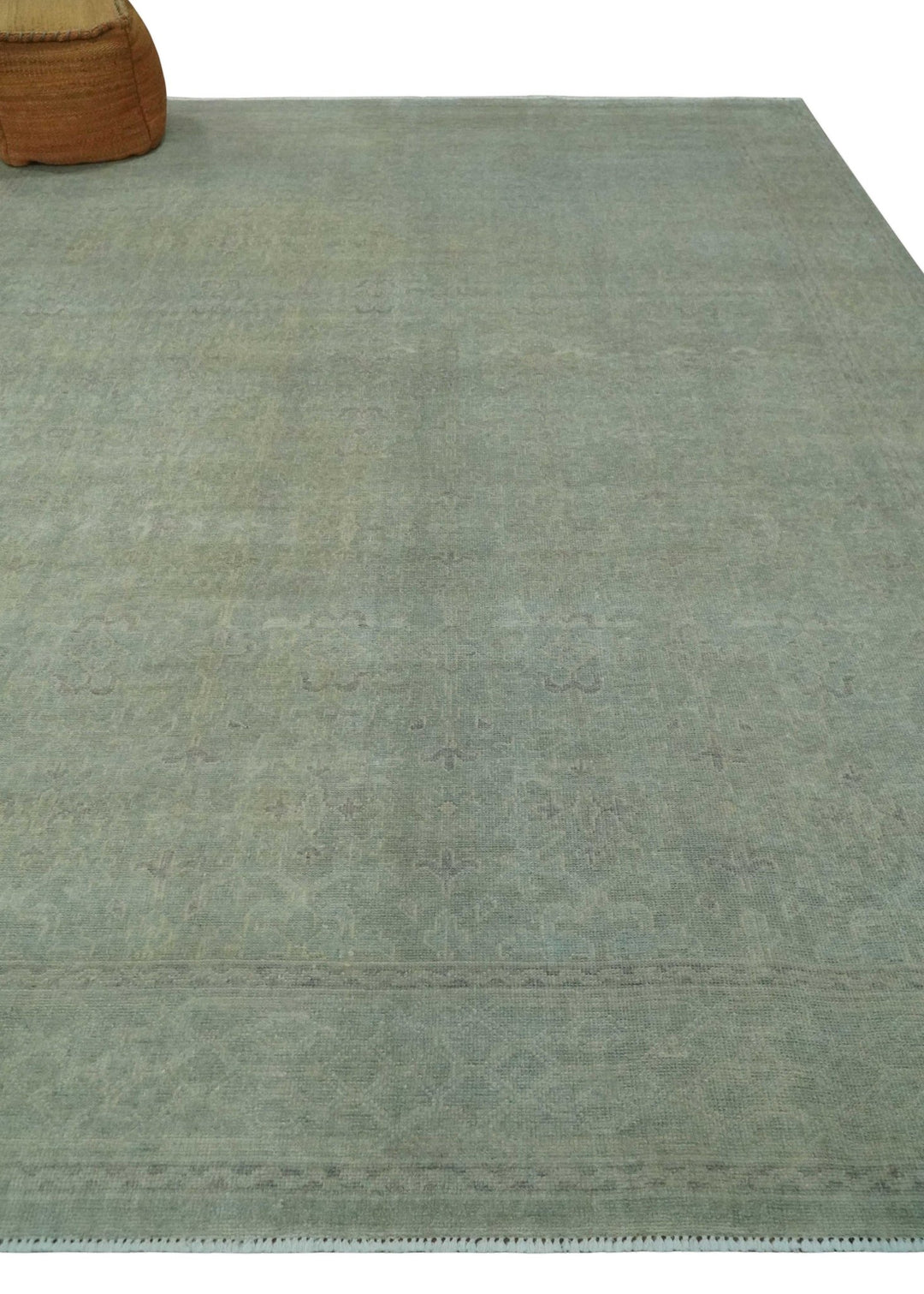 Large 9x12 Traditional Antique Style Beige and Aqua Turkish Knot Wool Rug - The Rug Decor