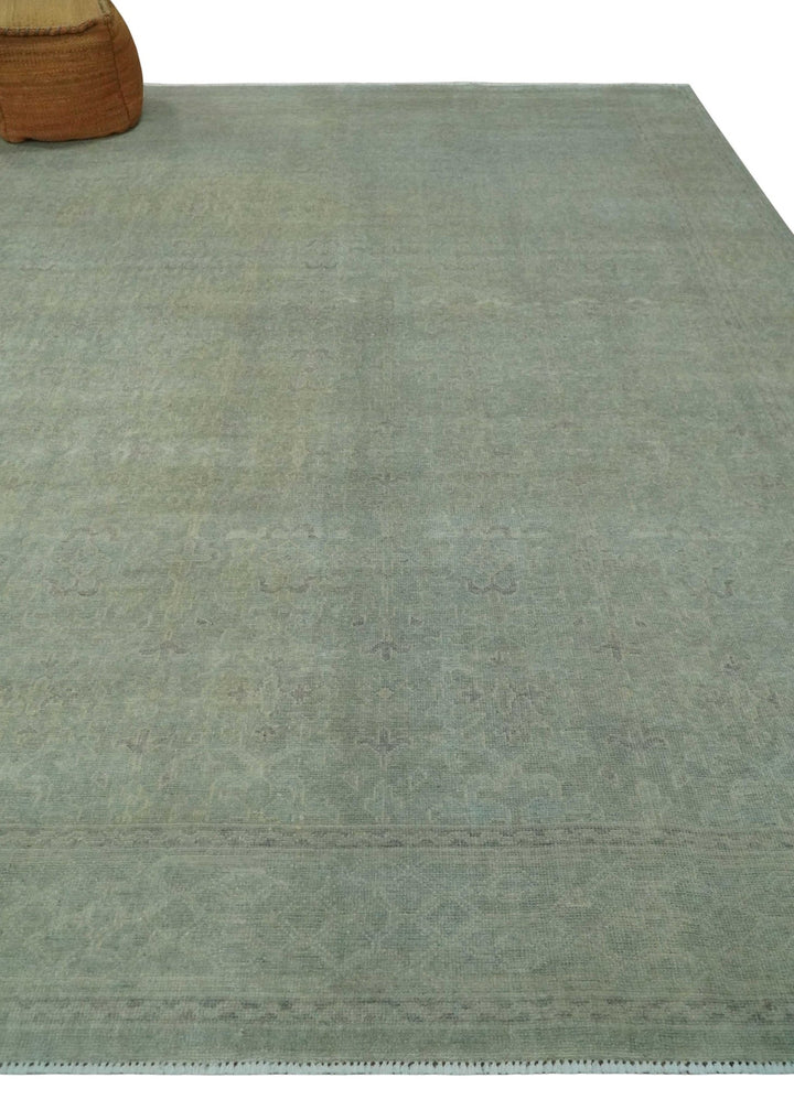 Large 9x12 Traditional Antique Style Beige and Aqua Turkish Knot Wool Rug - The Rug Decor