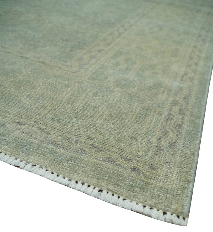 Large 9x12 Traditional Antique Style Beige and Aqua Turkish Knot Wool Rug - The Rug Decor