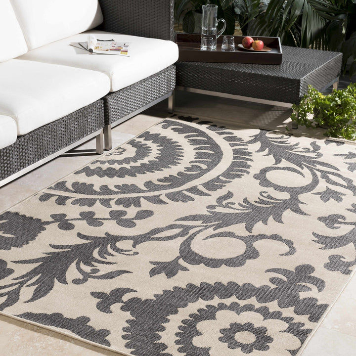 Large Floral Design Beige and Charcoal Outdoor safe Multi Size Area Rug - The Rug Decor
