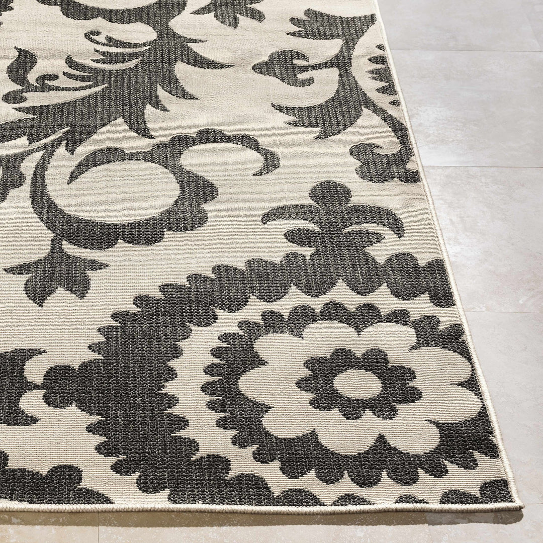Large Floral Design Beige and Charcoal Outdoor safe Multi Size Area Rug - The Rug Decor