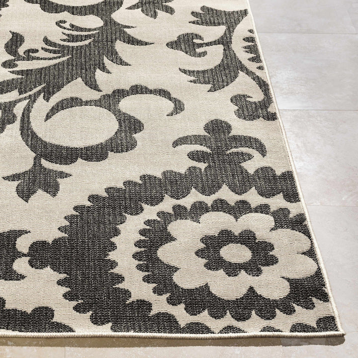 Large Floral Design Beige and Charcoal Outdoor safe Multi Size Area Rug - The Rug Decor