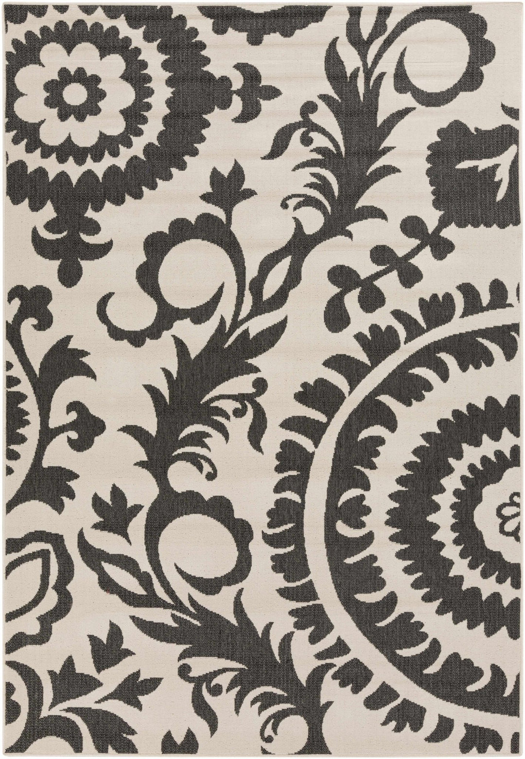 Large Floral Design Beige and Charcoal Outdoor safe Multi Size Area Rug - The Rug Decor