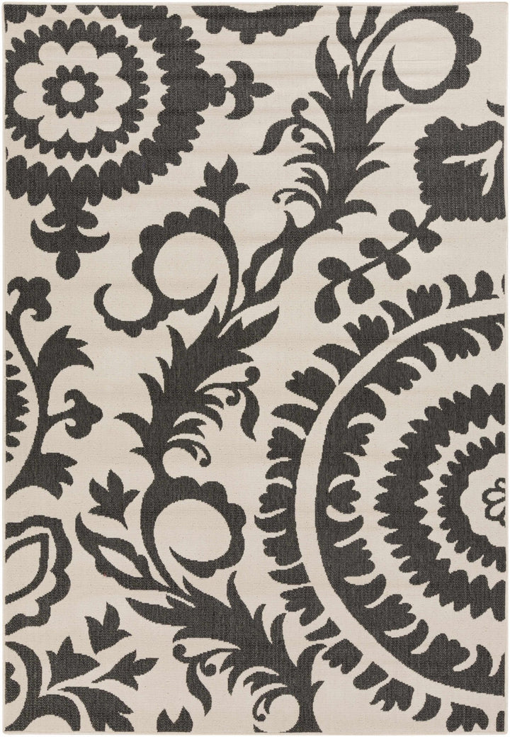 Large Floral Design Beige and Charcoal Outdoor safe Multi Size Area Rug - The Rug Decor