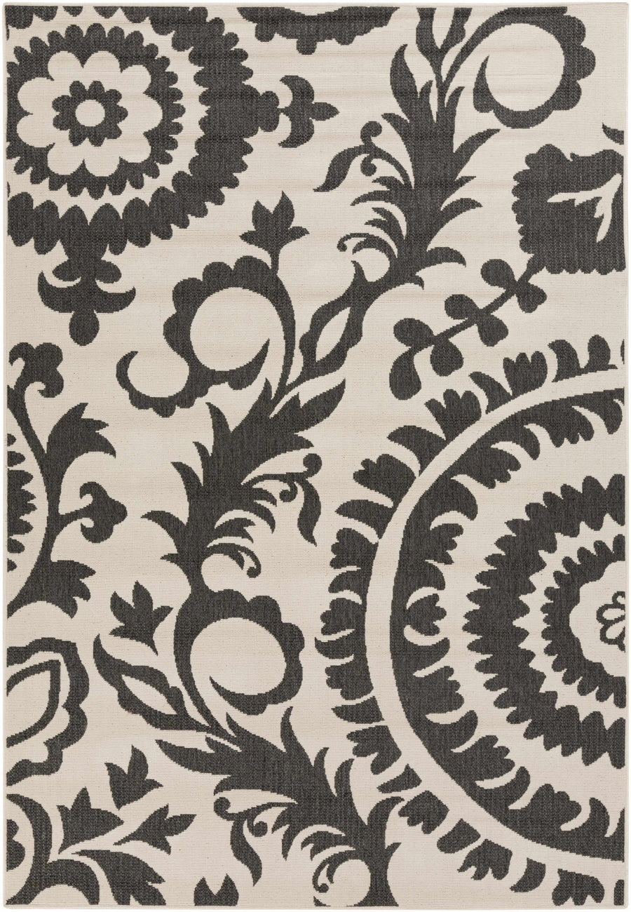 Large Floral Design Beige and Charcoal Outdoor safe Multi Size Area Rug - The Rug Decor